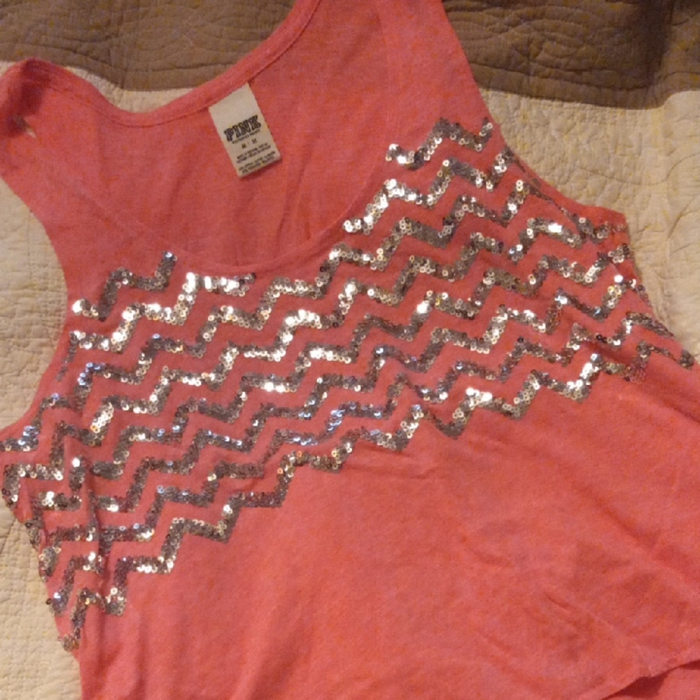 PINK Victoria's Secret Coral Tank Top with Silver Sequins